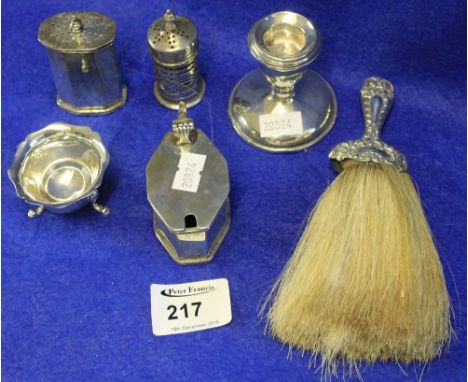 Bag of assorted silver to include silver handled brush, mustard pot with blue glass liner, dwarf candle stick, pepperette etc