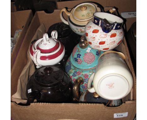 Box of assorted china to include various floral tea pots, Staffordshire two handled sucrier, Imari design jug etc.