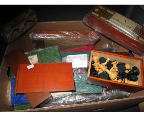 Large box of assorted vintage and other board games etc., to include fine quality draughts, Travel scrabble, Happy families, 
