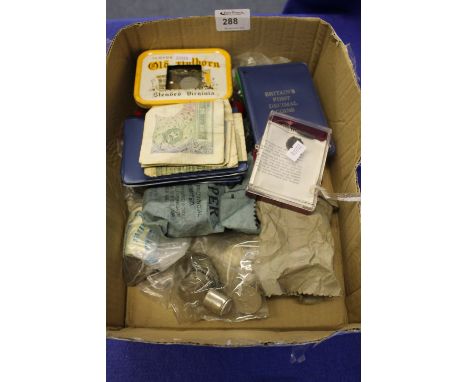 Box of assorted coins and notes to include: Britain's first decimal coin set; 10p coins; assorted loose copper coinage; token