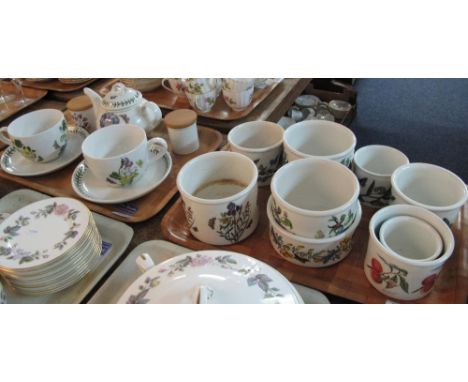 Two trays of assorted Portmeirion Botanic Garden items to include breakfast cup and saucers, tea pot, canisters, planters etc