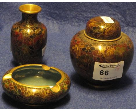 Three items of Chinese cloisonne enamel to include small ginger jar, small vase and baluster ashtray.  (3) 