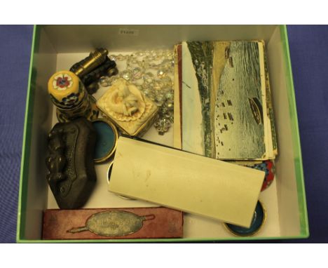 Box of assorted costume jewellery to include Johann Faber pens, Mabie pen in Swan box, enamel trinket boxes, kangaroo door kn