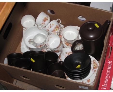 Box of assorted china to include own ground coffee set together with French floral tea service.