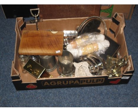 Tray of assorted items to include a cruet set on silver plated stand, Walker and Hall silver plated fork set in original case