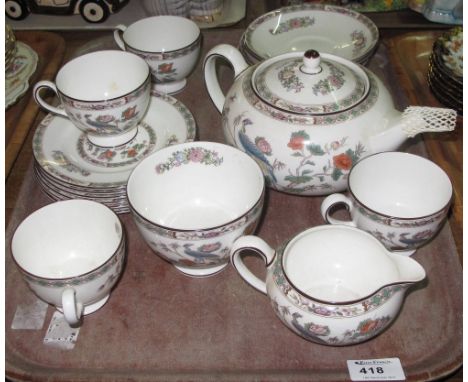 Tray of Wedgwood bone china Kutani Crane tea ware comprising tea cups, saucers, milk jug, sugar bowl, tea pot and plates.