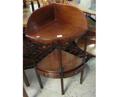 Early 19th Century bow front, mahogany corner washstand with two fitted drawers on square legs.