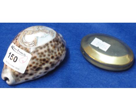 Small conch shell with portrait carved cameo panel together with a 19th Century brass miner's tobacco box. (2)