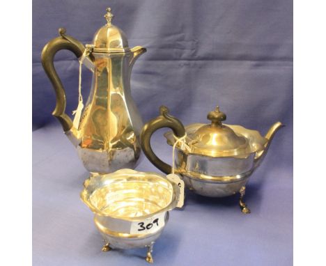 Silver two piece tea set comprising: teapot and sucrier together with silver octagonal coffee pot, Birmingham hallmarks. (3)