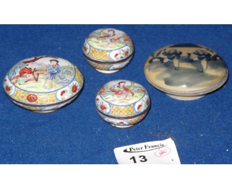 Three small Chinese Canton enamel cushion shaped boxes and covers, each having figural and foliate decoration and with four c