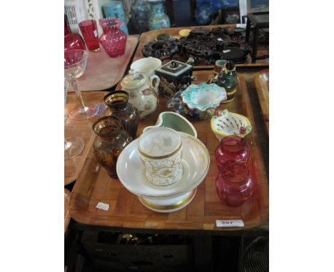 Tray of assorted china and glass to include oriental egg shell porcelain two handled lidded sucrier, Hornsey heart shaped dis