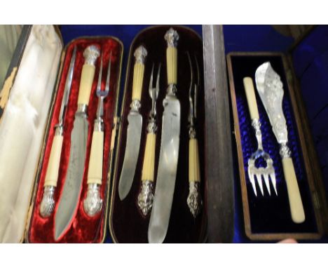 Three cased cutlery sets to include fish knife and fork set and two carving sets.  One marked Joseph Haywood, Sheffield with 