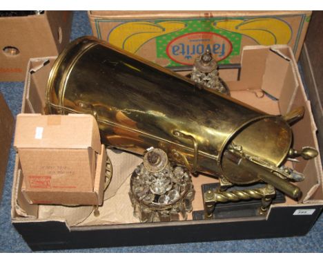 Box of assorted brassware and other items to include conical coal scuttle, fire tongs, shovel and poker, circular trivet stan