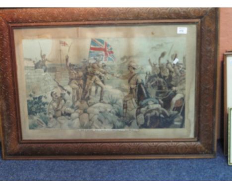Framed Military History print, 'The Relief of Mafeking', depicting the meeting of Major General R.S.S. Baden Powell and Colon