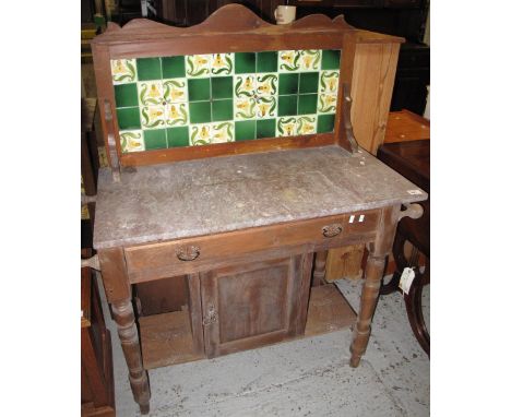 Edwardian pine, marble topped tile back washstand.