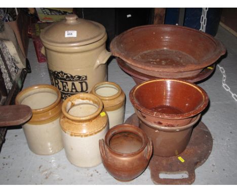 Collection of assorted stoneware items to include bread jar and cover, utensil jars,slab, dairy pan etc.