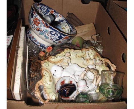 Box of assorted items to include large floral pedestal bowl, continental figures, Royal Doulton series ware sugar sifter with