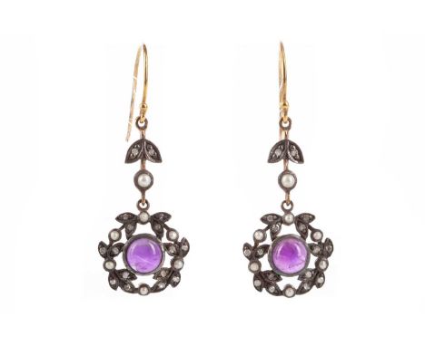 PAIR OF AMETHYST, DIAMOND AND PEARL EARRINGS,set with cabochon amethysts within a halo of pearls and diamonds, with hook fitt