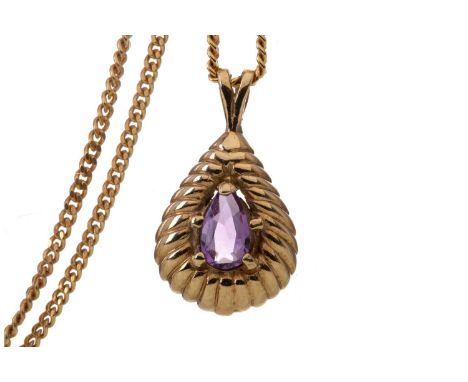 AMETHYST PENDANT ON CHAIN,set with a pear shaped amethyst, in nine carat gold, on a curb link chain, 8.8gIn generally worn co