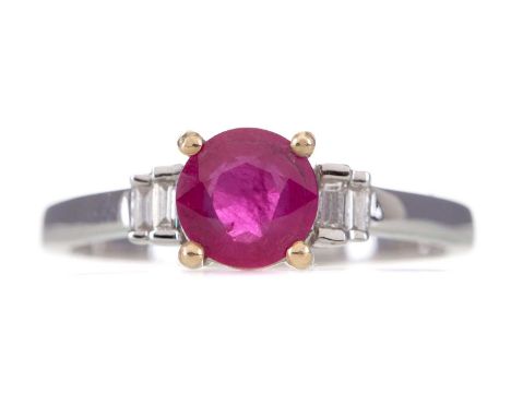 RUBY AND DIAMOND RING,set with a round ruby of approximately 0.80 carats, flanked by baguette cut diamonds, in eighteen carat