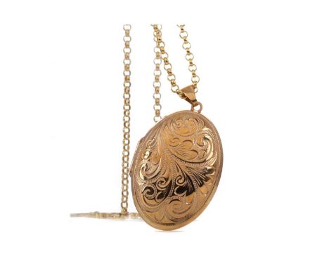 NINE CARAT GOLD OVAL LOCKET,with engraved decoration to the front panel, 38mm long, on a nine carat gold belcher chain, 8.9g