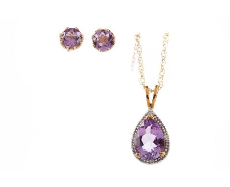 AMETHYST AND DIAMOND PENDANT,the pear shaped amethyst flanked by four diamond chips, along with a pair of stud earrings, each