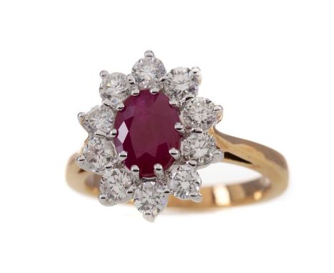 CERTIFICATED RUBY AND DIAMOND RING,set with an oval ruby of approximately 1.50 carats with indication of thermal enhancement,