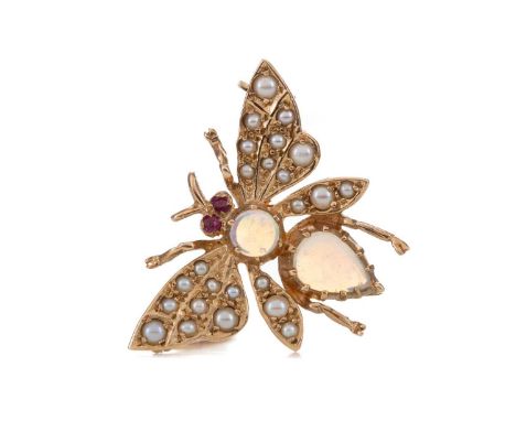 OPAL AND PEARL FLY BROOCH,with opal body, ruby eyes and pearl wings, 29mm wide, in nine carat gold, 3.9g