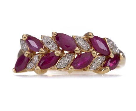 RUBY AND DIAMOND RING,set with marquise cut rubies and round brilliant cut diamonds, in nine carat gold, size P, 2.8g