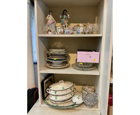 Group of silver plated flatware, pair of prints and group of china and glassware, including a Dresden tea set (3 shelves)