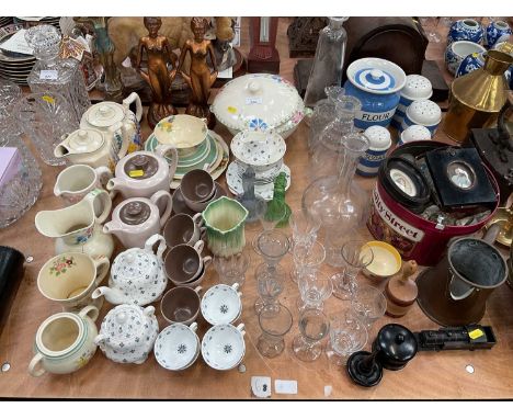 Group of mixed china, glassware and sundries to include T G Green Cornish ware, Poole and a Clarice Cliff crocus pattern suga