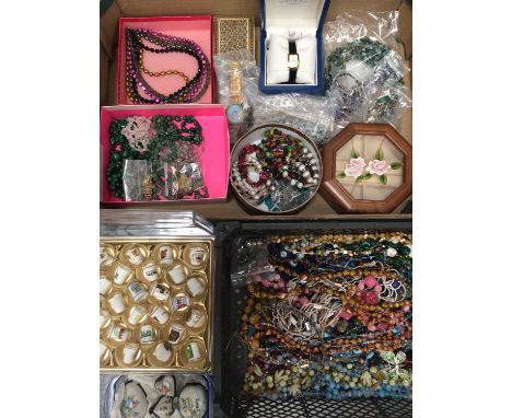 Group of costume jewellery and bijouterie including malachite and various other bead necklaces, Rotary wristwatch in box, pai