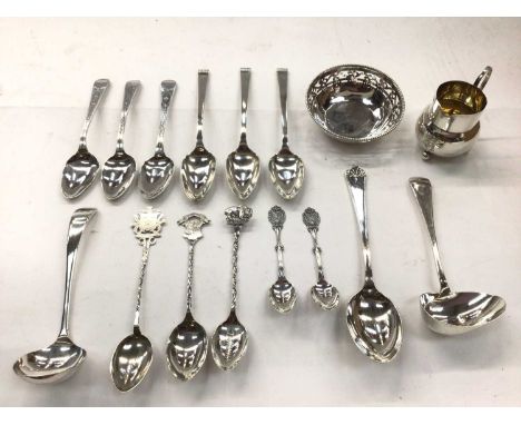 Small silver cream jug with engraved monogram, pierced silver dish, silver and plated flatware
