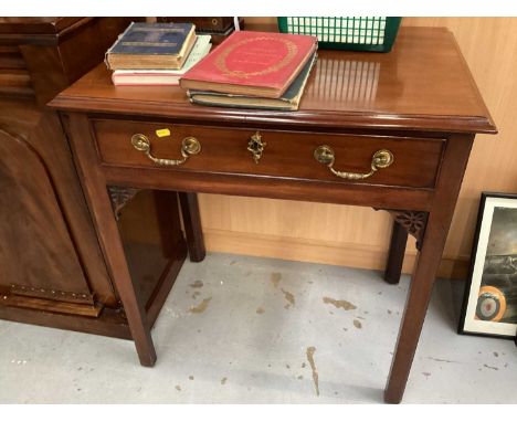 Edwardian mahogany side table with single drawer on square chamfered legs with ' Chinese Chippendale' carved blind fret brack