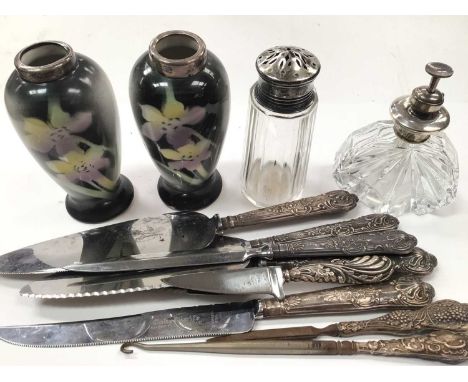 Pair of silver mounted ceramic vases, silver topped glass sugar castor and perfume bottle, together with a group of silver ha