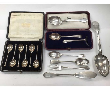 Cased set of six silver coffee spoons, silver teaspoon and pusher set in fitted case, Georgian silver serving spoon and other