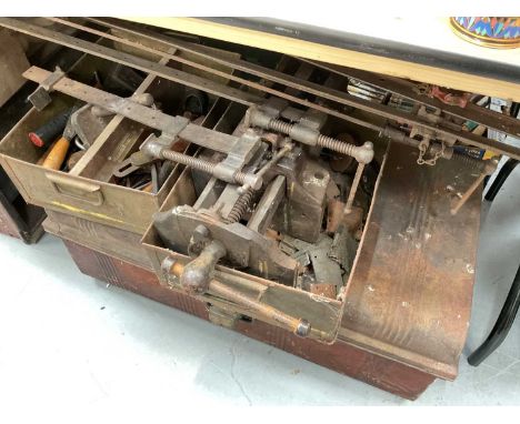 Large collection of vintage tools to include sash clamps, vice and various hand tools.