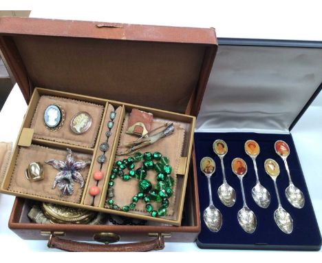 Jewellery box containing vintage costume jewellery, pair of antique coral silver gilt (800) screw back earrings, Kigu powder 