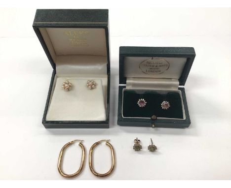 Pair of 9ct gold pearl flower head cluster earrings, two pairs of 9ct gold gem set cluster earrings and a pair of 9ct gold ho