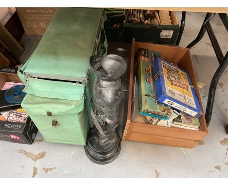 Vintage fishing box and group of fishing related ephemera and a model of a knight.