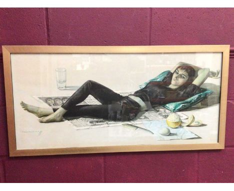Vladimir Tretchikoff print - Erica Beatles Beatnik Girl, in glazed frame measuring 48.5cm x 99cm overallPrint appears in good