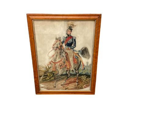 19th century Berlin woolwork tapestry picture, Miltary figure on horseback, glazed birds eye maple frame, total size 67 x 52c