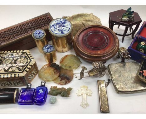 Group of Chinese style and other trinket boxes, two wooden stands, white metal figure carrying a rickshaw, green hard stone c