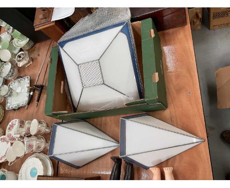 Three Tiffany style blue and white leaded glass ceiling light shades, together with a pair of matching wall light shades (5).