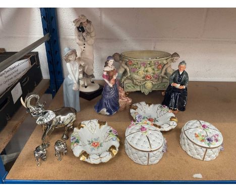 Group of ceramics and other items, including Royal Worcester, Nao and Royal Doulton figures, Dresden dishes and boxes, etc