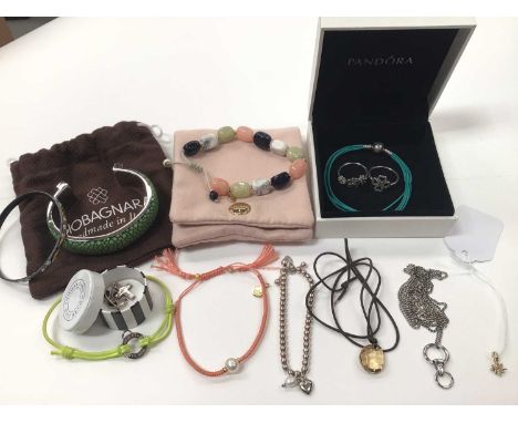 Michaela Frey enamelled bangle, Italian green cuff bangle, Pandora bracelet and two silver rings, Thomas Sabo bracelet and ch