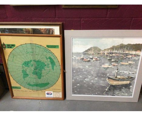 Group of pictures and prints including Great Circle DX Map, canvas print of a marina, set of nine London scenes prints in mat