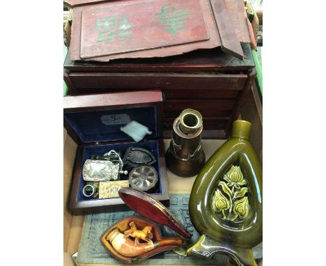 Mahjong set (incomplete) in damaged wooden box, together with Art Nouveau copper vessel, pipe in case and sundry items