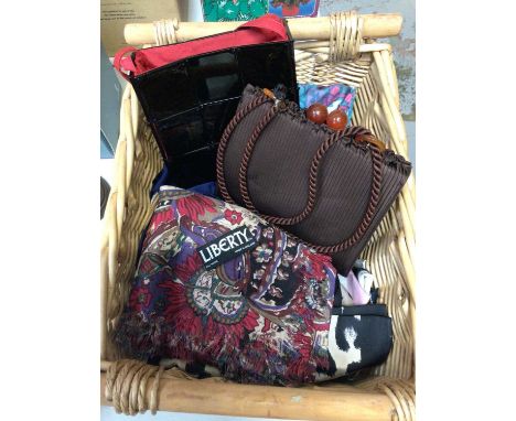 Liberty wool scarf, silk and other scarves, vintage Harrods handbag and a Terence Conran evening bag