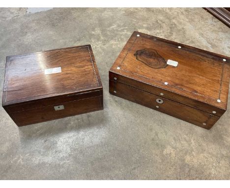 Victorian rosewood veneered writing box with mother of pearl inlay and a similar needlework box (2)